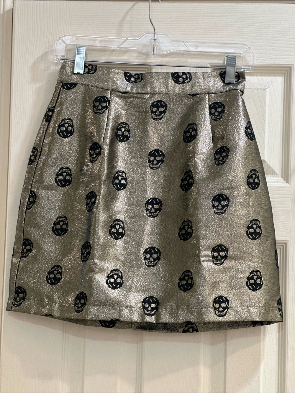 ModCloth Gold Metallic Skull Print Mini Skirt Small Goth Halloween